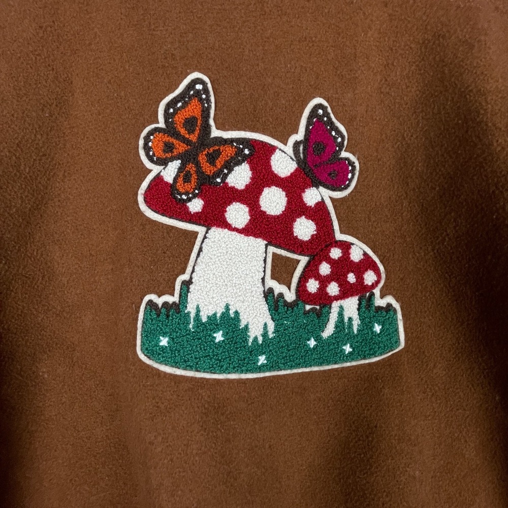 Mushroom Varsity Jacket Women Large Brown Butterfly Cottage Psychedelic Ashley - Picture 4 of 12
